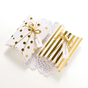 10 adet Yastık Kağıt Takı Hediye Kutuları 14 * 10cm Altın Renk Şerit Nokta Noel Doğum Günü Düğün İyilik Ambalaj Parti Süslemeleri