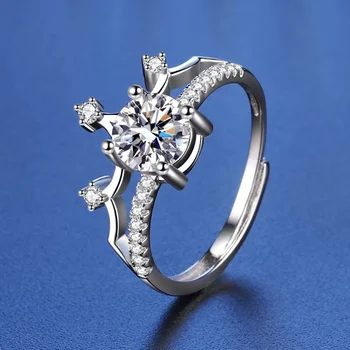 1ct D Renk Moissanite Taç Yüzük Kadınlar 925 Ayar Gümüş Mossanite Pırlanta Nişan Yüzüğü Ayarlanabilir Geçiş Test Cihazı Ins Takı