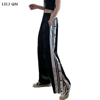 2022 Kadın Joggers Sweatpants Rahat Geniş Bacak Pantolon Kadın Şerit Hip Hop Ter Pantolon Streetwear Kadın Düğme Pantolon Vintage