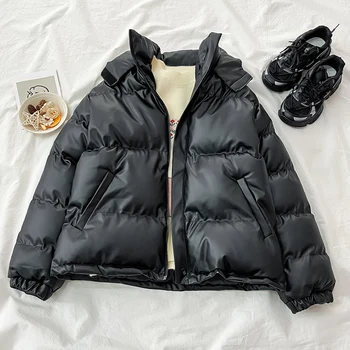 2022 Kış Ceket Kadınlar Siyah Gevşek Sıcak Çift Kapşonlu Palto Harajuku Fermuarlı cep Streetwear Popüler Rüzgar geçirmez Yıpratır
