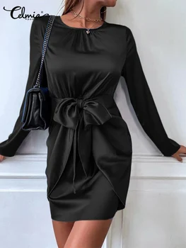 2022 Moda Büzgülü O-Boyun Elbise Celmia Zarif Saten Mini Elbise Parti Uzun Kollu Vestidos Kadınlar Bel Bandaj Sıkı Fit Elbise