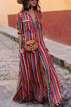 2022 Pist Elbise Yaz Kadın Elbise Uzun Maxi Elbiseler Bohemian BOHO Kısa Kollu Plaj Gökkuşağı Çizgili Gömlek Elbise