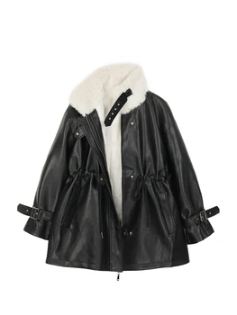 2022 Sonbahar Kış Kadın siyah suni kürk astarlı Ceket Deri Ceket Sıcak Peluş Kalın Süet Giyim Kuzu Yünü Kısa Palto Kadın