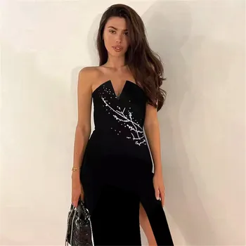 2022 Yeni Seksi Straplez Bandaj Elbise Kadınlar Boncuk Bodycon Giyim Ünlü Kulübü Parti Zarif Elbiseler