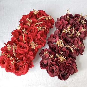 50 CM Düğün Kemer Çiçek Fon Duvar Düzenleme Ipek Şakayık Bordo Gül Altın Yaprak Masa Merkezi Dekorasyon Çiçekler Satır