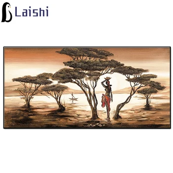 5D DIY elmas nakış günbatımı ağacı Afrikalı kadın tam kare yuvarlak rhinestone elmas boyama kitleri çapraz dikiş dekor mozaik