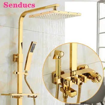 Altın Banyo Duş Seti Senducs Sıcak Soğuk küvet mikseri Musluk Kaliteli Sütyen Banyo Duş Dokunun Yağış Banyo Duş Sistemi