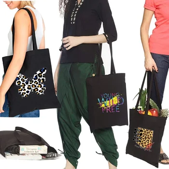 Alışveriş çantası Kadın bez alışveriş çantası Vahşi Serisi Baskı Eko Çanta Alışveriş omuz çantaları Siyah Harajuku Tarzı kanvas çanta