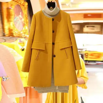 Artı Boyutu kore paltosu Sarı Orta Uzun Siyah Yeni 2019 İlkbahar Sonbahar Uzun Kollu O-boyun Yün Ceket Kadın Gevşek A-aline Casacos