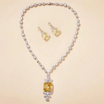 Avrupa Amerika Moda High-end Mücevher Kadın Bayan Kakma Sarı Kare Zirkon Püsküller Kolye 925 Gümüş İğne Küpe Yüzük