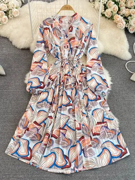Bahar Yeni Kadın Vintage Baskılı Maxi Elbise Zarif Uzun Kollu A-line Bayan Giyim Sonbahar Kadın tatil elbisesi