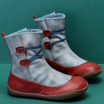 Bayan Botları 2022 Yeni Deri Sıcak kısa peluş ayakkabı kadın yarım çizmeler Kış Retro Daireler Botas Mujer Boyutu 35-43