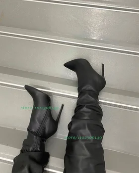 Bayan siyah seksi punk PU pilili stiletto topuk çizmeler yan zip çizmeler uyluk diz çizmeler üzerinde sahne çizmeler ayakkabı sonbahar boyutu 46