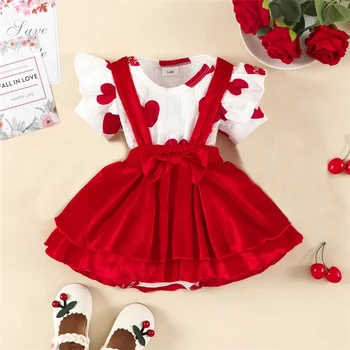 Bebek Çocuk Kız sevgililer Günü Kıyafet Kısa Kollu Kalp Baskı Bodysuit Askı Elbise Seti Tatlı Çocuk Giyim Seti 2 adet