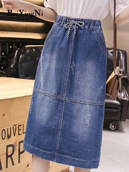 Beiyingni Vintage Kot Etek İpli Yüksek Elastik Bel Cepler Streetwear Midi Kot Etekler Kadınlar Boy Bölünmüş Dipleri