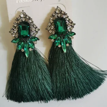 Bohemian Vintage yeşil uzun püskül Kristal Küpe Bildirimi Etnik Lüks Basit siyah Bırak Dangle Küpe Kadınlar Takı için