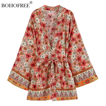 Boho Kadın Giyim Rayon Elbiseler Kısa Kapak Ups Yaz Bikini Blusas Kemer Bohemian Kimono Kadın