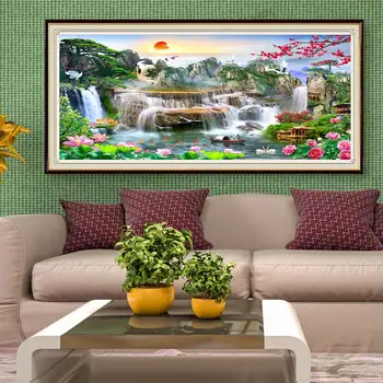 Büyük 5D Diy Erik Çiçeği Lotus Elmas Boyama Günbatımı Manzara Tam Kare Yuvarlak Şelale Elmas Nakış Mozaik Duvar Sanatı
