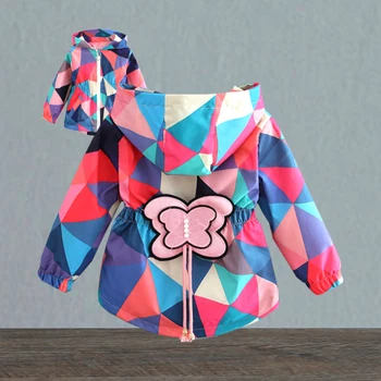 Ceket kızlar için tatlı Kelebek aplike geometrik desen baskılı kapşonlu rüzgarlık ceket 2-7 yıl bebek Kaliteli çocuk giyim