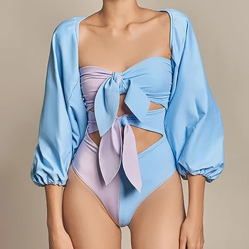 Colorblock Tüp Üst Mayo Yüksek Bel İnce Hollow Lace Up Bikini Retro Zarif Bayanlar Beachwear Uzun Kollu Lace Up Seksi 2022