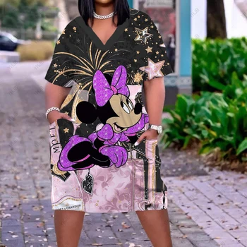 Disney Minnie Yeni Yaz Kadın Vintage 3D Baskı Elbise Moda Kısa Kollu Bayan Elbise Rahat V Yaka Gevşek Sundress Vestidos