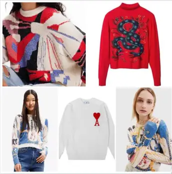 Dış Ticaret İspanya Desigual Yeni kadın Kazak Kış Sıcak tutma Moda Baskı Nakış Triko Ekip Boyun