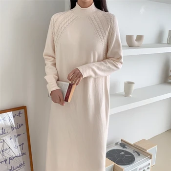 Elbiseler Yeni Kış Zarif Sıcak Kalın Kadın Vintage Örme Sonbahar Katı Giyim Kazak Elbise Kadınlar 2022 Kore Triko Elbise