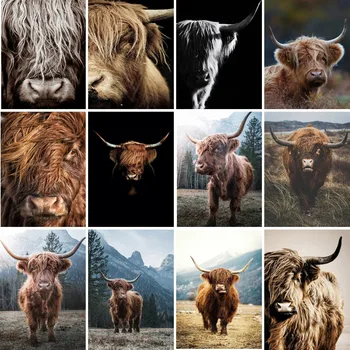 Elmas Boyama İskoç Yayla Sığır Tam Kare Matkap Bulmaca Kahverengi Yayla İnek Nakış Hayvan Resim Çapraz Dikiş Kiti