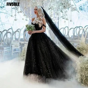 Fivsole Glitter Siyah A-line Mahkemesi Tren düğün elbisesi 2021 Kapalı Omuz Kollu Dantel Gelin Törenlerinde Modern Uzun Robe De Mariee