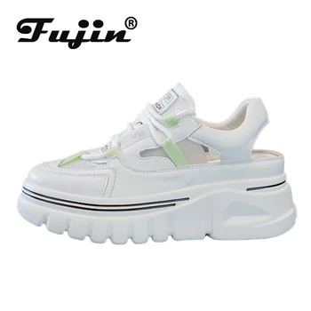 Fujin 6.5 cm Hakiki Deri Kadın Yaz Ayakkabı Beyaz Sneakers Hollow Hava Mesh platform sandaletler Kama rahat ayakkabılar Terlik