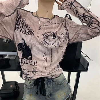 HOUZHOU Y2k Streetwear Tişörtleri Kadınlar Pembe Uzun Kollu Vintage Örgü Üst Gotik Sonbahar İnce Estetik T-shirt Kore Moda Kpop
