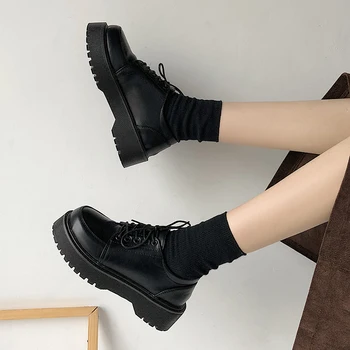 Ilkbahar Sonbahar Kadın Oxford Ayakkabı Düz Platform rahat ayakkabılar Siyah Lace Up deri ayakkabı Dikiş Yuvarlak Ayak Zapatos Mujer