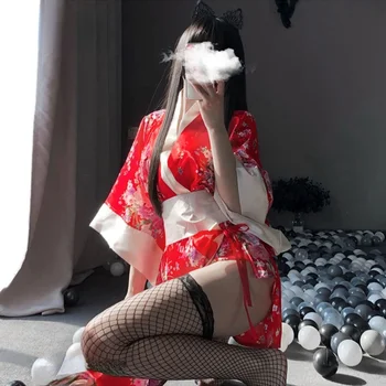 Japon Kimono Seksi Cosplay Kıyafet Kadınlar İçin Geleneksel Tarzı Elbise Yukata Kostümleri Pijama Yumuşak İpek Kemer 3 adet Set Siyah Kırmızı
