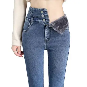JİAHENG MUMU Kadife Kot Kadın Kış Yüksek Bel Sıkı Sıcak Denim kalem pantolon Sonbahar Kadın Büyük Popo Kalça Yukarı Çekin pantolon