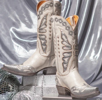 Kadın Batı Çizmeler Taklidi Tasarım Gümüş Bling ayakkabı Kadın Sivri Burun Med Buzağı Çizmeler Kadın Marka Yeni Moda Popüler 2021