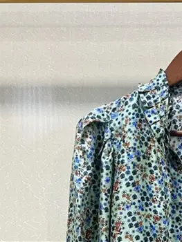 Kadınlar Romantik Baskı Bluz Standı Yaka Mantar Trim Dantel-Up Bayanlar Erken Sonbahar Uzun Puf Kollu Rahat Gömlek ve Üstleri