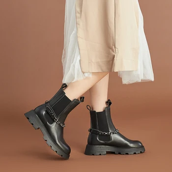 Kangnaı yarım çizmeler kadın ayakkabıları Hakiki Deri Platformu Taban Metal Zincir Elastik Bant Kış Kadın Tıknaz Chelsea Çizmeler