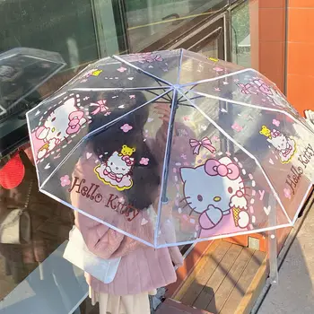Kawaii Hello Kitty Şeffaf Şemsiye Anime Karikatür Sanrio Katlanır Taşınabilir Şemsiye Moda Yağmur Aksesuarları Hediye