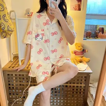 Kawaii Pijama Kadın Karikatür Sanrio Hello Kitty Pijama Set Yaz Eğlence Ince Kısa Kollu Anime Kitty Loungewear 2 Parça Set