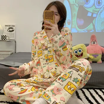 Kawaii Sünger Bob Squarepants Pijama Setleri Karikatür Anime Kostüm Sonbahar Pijama Kadınlar için Sevimli Ev Giyim Sarı