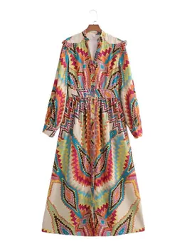 KLKXMYT TRAF Kadın Elbise 2023 Moda Baskılı Midi Elbise Kadın Vintage Uzun Kollu Kadın Parti Elbiseler Vestidos Mujer
