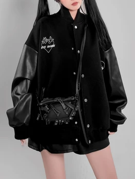 Kore Harajuku Punk Kadın Yüksek Sokak Tanrıçası Siyah Beyzbol Üniforma Ceket Gotik Lolita Münzevi Kızlık Gevşek pamuklu ceket
