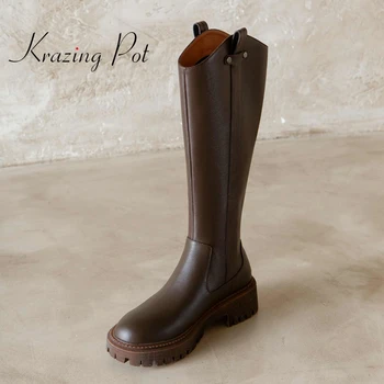 krazing pot sınırlı özelleştirme doğal deri yuvarlak ayak med topuk binici çizmeleri gentlewomen günlük giyim uyluk yüksek çizmeler L48