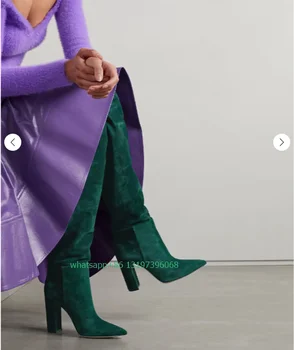 Lady yeşil süet over-the-diz çizmeler güz seksi zarif sivri burun çizmeler tıknaz topuk elbise çizmeler nedensel günlük çizmeler ayakkabı 46
