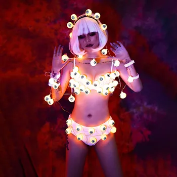 LED ışıklı Kostüm Terör Parlayan Gözler bikini seti Cadılar Bayramı Partisi Rave Gösterisi Performans Elbise Gece Kulübü DJ Dansçı Kostüm