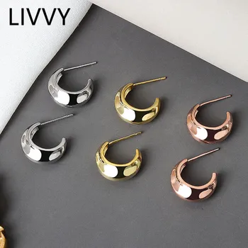 LIVVY Gümüş Renk C Şeklinde Geniş Parlak Küpe Kadınlar İçin Basit Geometrik Kulak Takı 2021 Trend