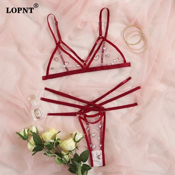LOPNT Kadınlar Aşk Sutyen Seti Örgü Perspektif Üç noktalı Erotik İç Çamaşırı Kadın Kırmızı Bandaj Baskı İçi Boş Seksi İç Çamaşırı Takım Elbise