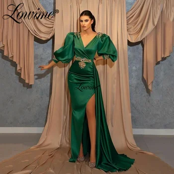 Lowime Müslüman Yeşil Mermaid Abiye Giyim 2022 Resmi Uzun Kollu V Boyun Boncuklu Kristaller Zarif Saten Kadınlar İçin Parti