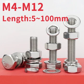 M4 M5 M6 M8 M10 M12 304 Paslanmaz Çelik Altıgen Cıvata Vida Ve Somun Seti Büyük Tam Uzatma Vidası