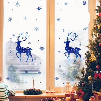 Mavi Kar Tanesi Elk Santa Sticker Cam Dekoratif Pencere Sticker Çocuk Odası Duvar Çıkartmaları Noel Yeni Yıl Ev Partisi Süslemeleri